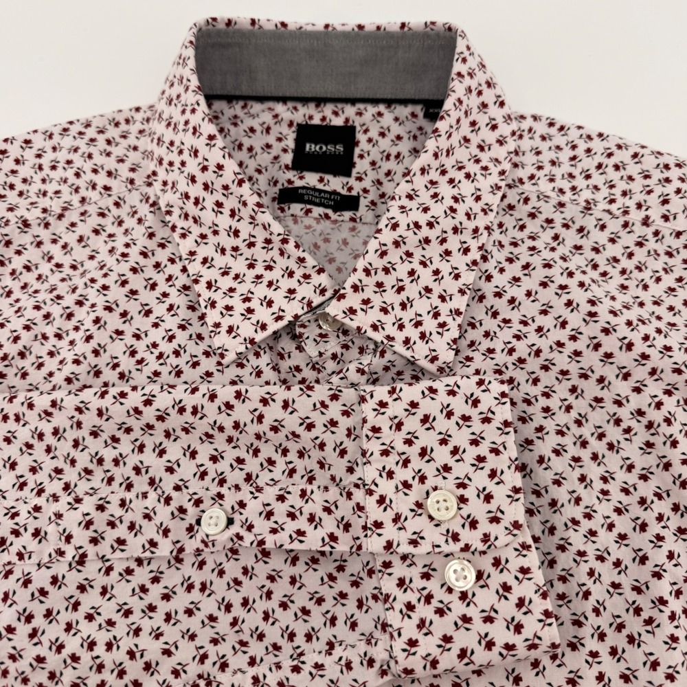 Hugo Boss Shirt Mens XXL White Burgundy Floral Regular Fit Stretch Long Sleeve